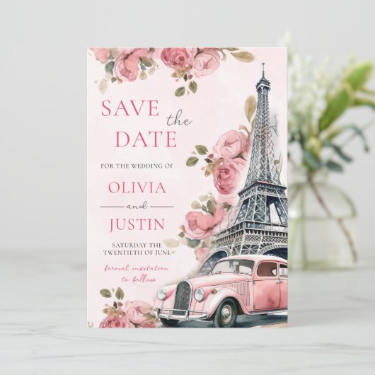Floral Paris Eiffeltoren Bewaar de datum Kaart (Staand voorkant)
