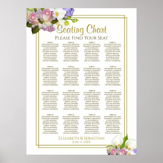 Floral Pastel 16 Table Wedding Seating Chart Poster (Voorkant)