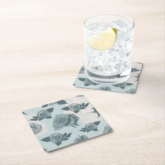 Floral patroon met roos vierkante kartonnen onderzetter (Insitu)