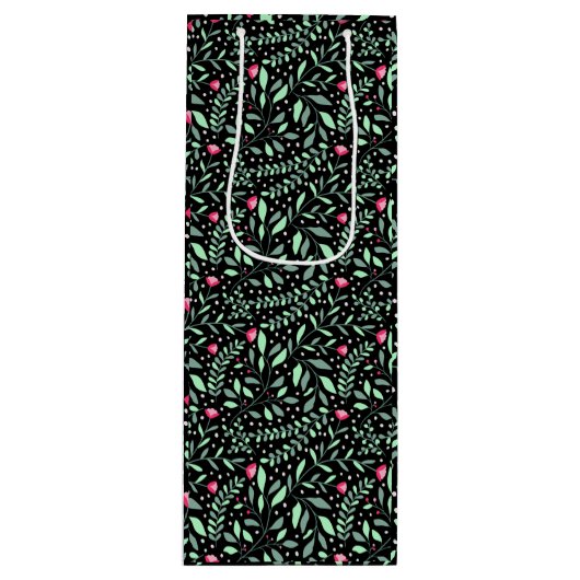 Floral pattern.05.FR.pink en groene zwarte BG Wijn Cadeautas (Voorkant)