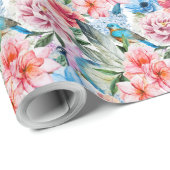 Floral Pattern Birds Foliage Flowers Green Blue Cadeaupapier (Rol Hoek)