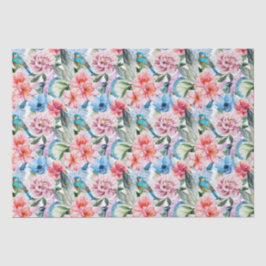 Floral Pattern Birds Foliage Flowers Green Blue Tissuepapier