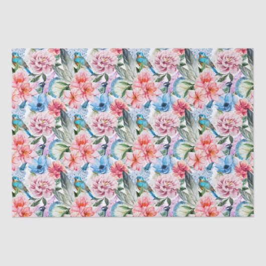 Floral Pattern Birds Foliage Flowers Green Blue Tissuepapier (Voorkant)