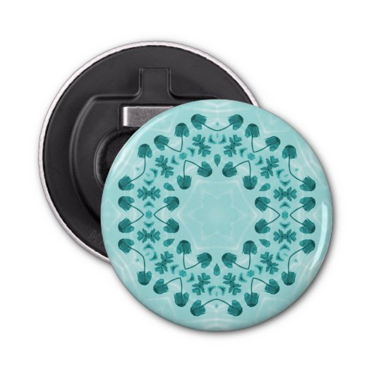 Floral Pattern, Blauwgroen blauw Button Flesopener (Voorkant)