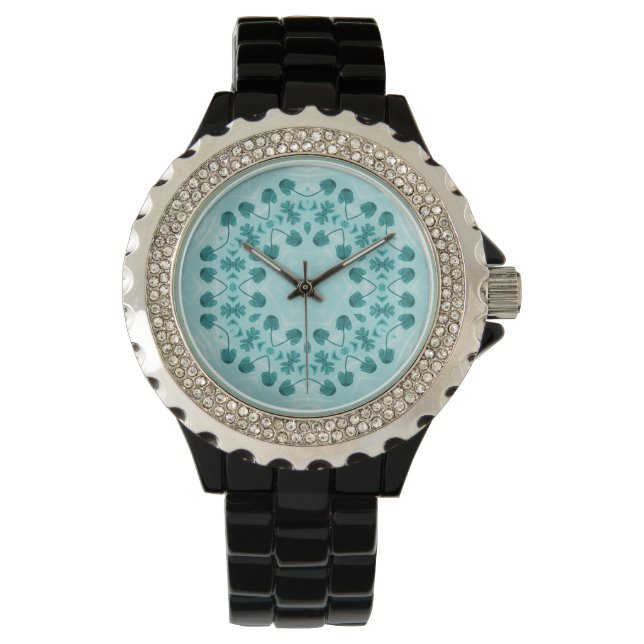 Floral Pattern, Blauwgroen blauw Horloge (Voorkant)