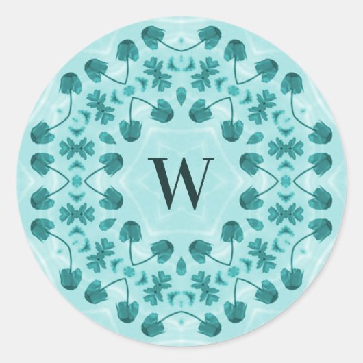Floral Pattern, Blauwgroen blauw Initiaal Ronde Sticker (Voorkant)