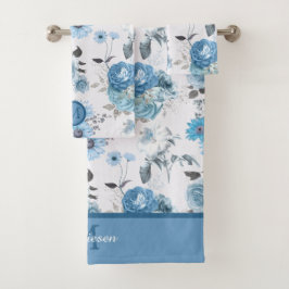 Floral Pattern Blue Border Monogram Bad Handdoek