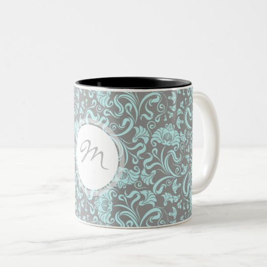  Floral Pattern Blue Grey Monogram Mok (Voorkant rechts)