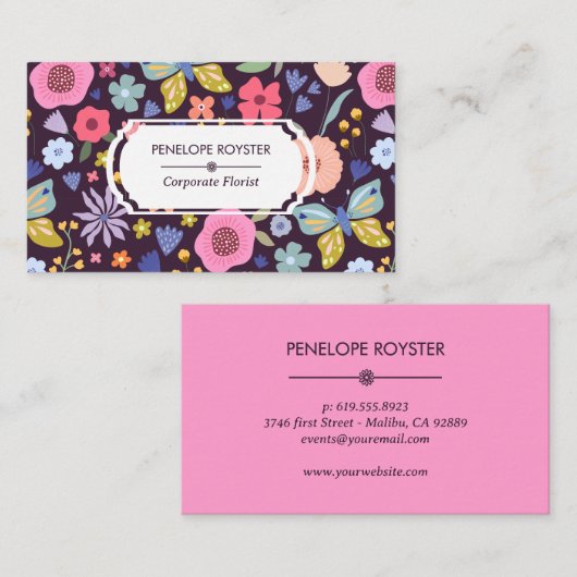 Floral Pattern Dark Plum & Mauve Business Card Visitekaartje (Voorkant / Achterkant)