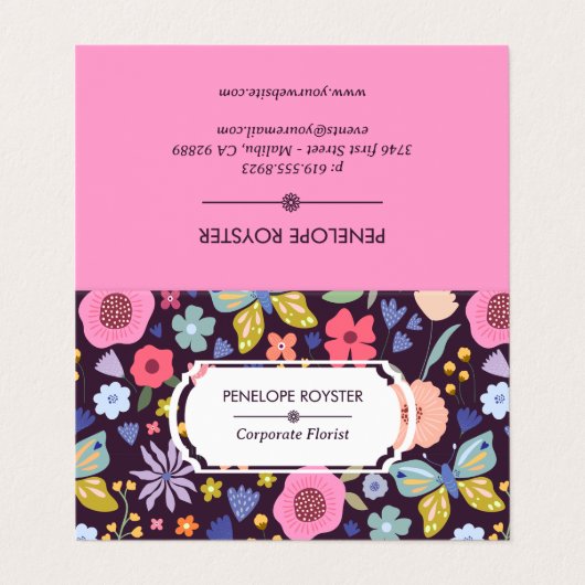 Floral Pattern Dark Plum & Mauve Business Card Visitekaartjes (Buitenkant ongevouwen)