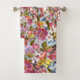 Floral Pattern Foliage Birds Butterflies Peony Bad Handdoek