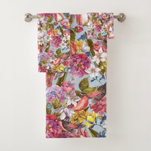 Floral Pattern Foliage Birds Butterflies Peony Bad Handdoek (Insitu)
