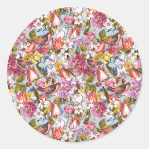 Floral Pattern Foliage Birds Butterflies Peony Ronde Sticker