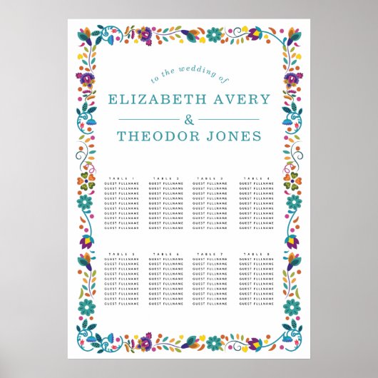 Floral Pattern Lijst Mexican Wedding Seating Chart Poster (Voorkant)
