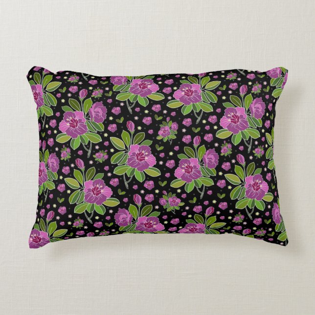 Floral Pattern Lilac Pink Green Black Accent Kussen (Voorkant)