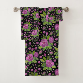Floral Pattern Lilac Pink Green Black Bad Handdoek