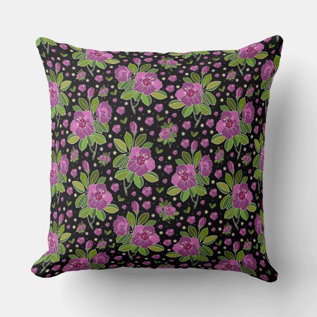 Floral Pattern Lilac Pink Green Black Kussen (Voorkant)