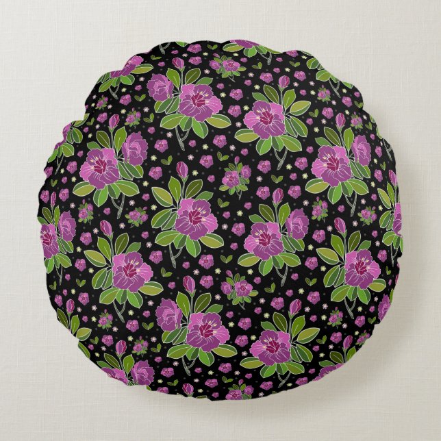 Floral Pattern Lilac Pink Green Black Rond Kussen (Voorkant)