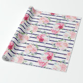 Floral Pattern on Horizontal Stripe Rozen Peony Cadeaupapier (Uitgerold)