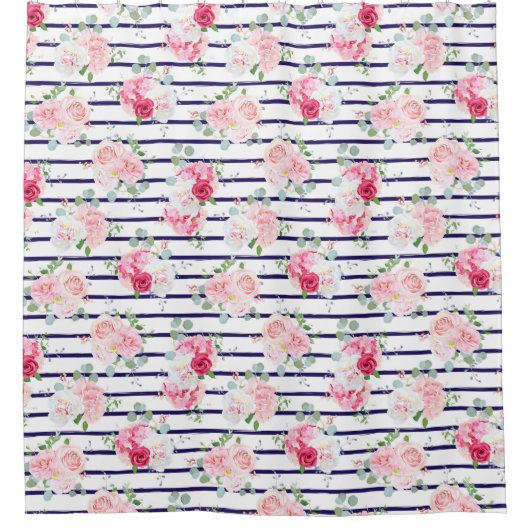 Floral Pattern on Horizontal Stripe Rozen Peony Douchegordijn (Voorkant)