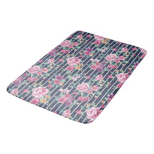 Floral Pattern on Stripe Rozen Foliage Pink Paars Badmat (Gekanteld)