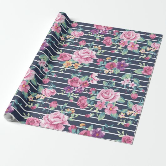 Floral Pattern on Stripe Rozen Foliage Pink Paars Cadeaupapier (Uitgerold)