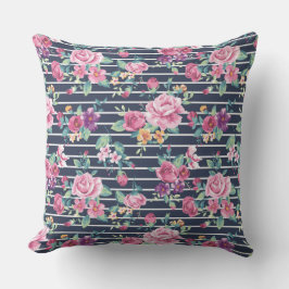Floral Pattern on Stripe Rozen Foliage Pink Paars Kussen