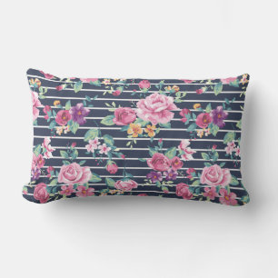 Floral Pattern on Stripe Rozen Foliage Pink Paars Kussen