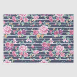 Floral Pattern on Stripe Rozen Foliage Pink Paars Tissuepapier