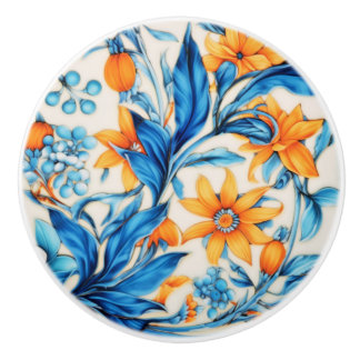 Floral Pattern- Orange and Blue Keramische Knop