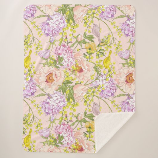 Floral Pattern Peony Mimosa Hydrangea Rozen Birds Sherpa Deken (Voorkant)