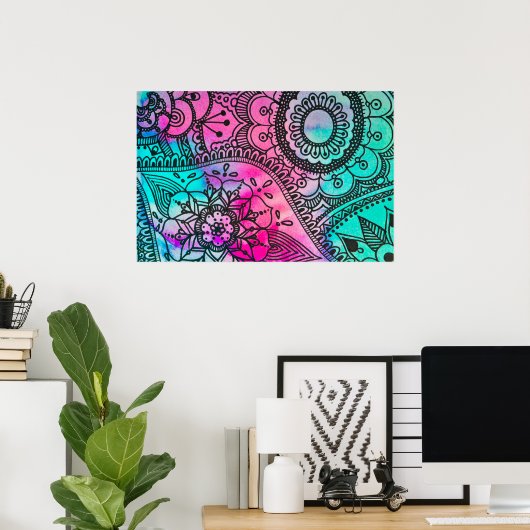 Floral Pattern Pink and Aqua Poster (Thuiskantoor)