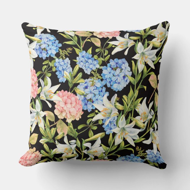 Floral Pattern Pink Hydrangea Blue Jasmine Foliage Kussen (Voorkant)