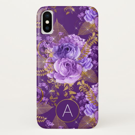Floral Pattern van het Paarse en goudoliemonogram Case-Mate iPhone Case (Achterkant)