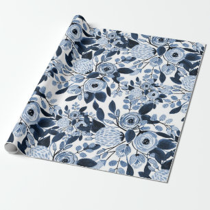 Floral Pattern Waterverf Navy Pastel Blue Cadeaupapier