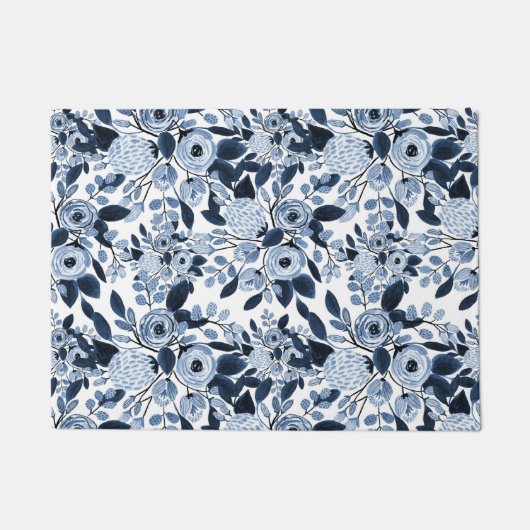 Floral Pattern Waterverf Navy Pastel Blue Deurmat (Voorkant)