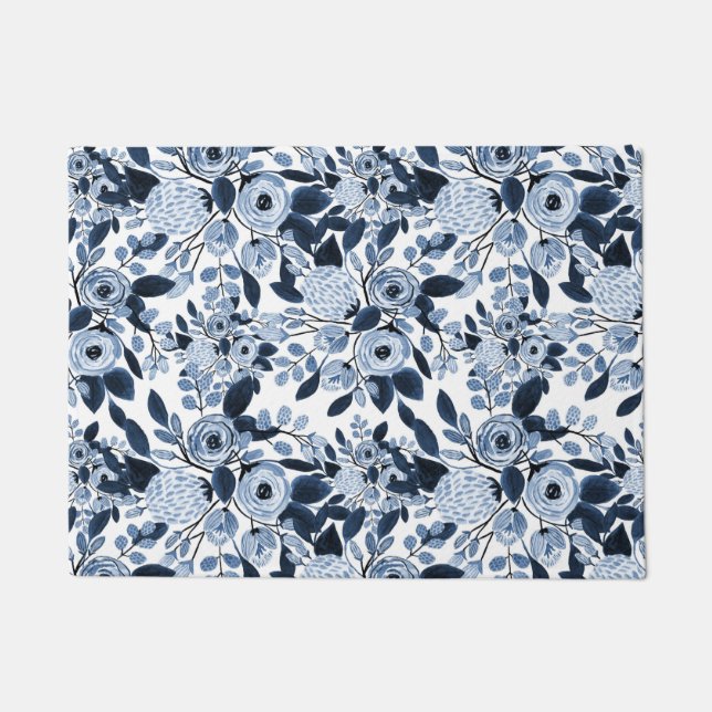 Floral Pattern Waterverf Navy Pastel Blue Deurmat (Voorkant)