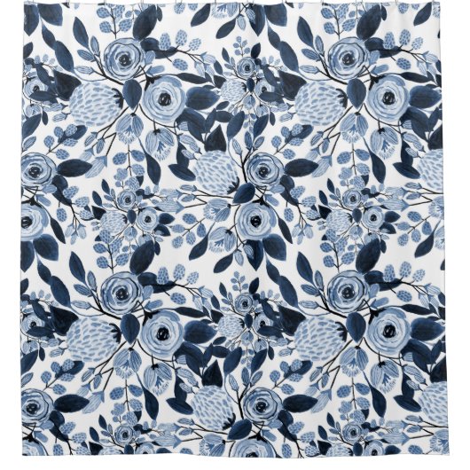 Floral Pattern Waterverf Navy Pastel Blue Douchegordijn (Voorkant)