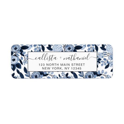 Floral Pattern Waterverf Navy Pastel Blue Etiket (Voorkant)