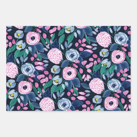 Floral Pattern Waterverf Navy Pastel Blue Inpakpapier Vel (Voorkant 3)