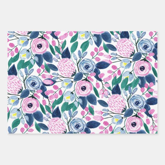 Floral Pattern Waterverf Navy Pastel Blue Inpakpapier Vel (Voorkant 2)