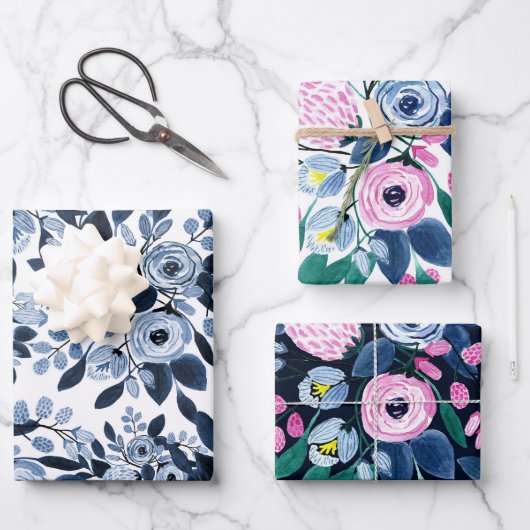 Floral Pattern Waterverf Navy Pastel Blue Inpakpapier Vel (Voorkant)