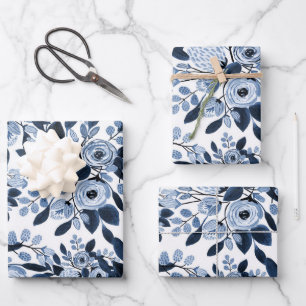 Floral Pattern Waterverf Navy Pastel Blue Inpakpapier Vel