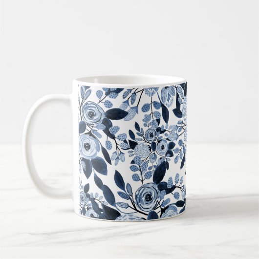 Floral Pattern Waterverf Navy Pastel Blue Koffiemok (Links)
