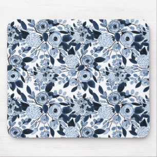 Floral Pattern Waterverf Navy Pastel Blue Muismat