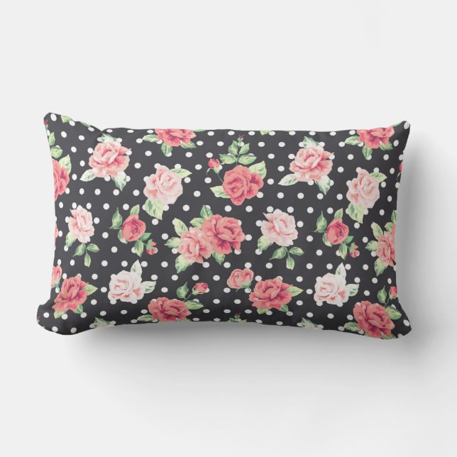 Floral Pattern White Polka Dot on Black Background Kussen (Voorkant)