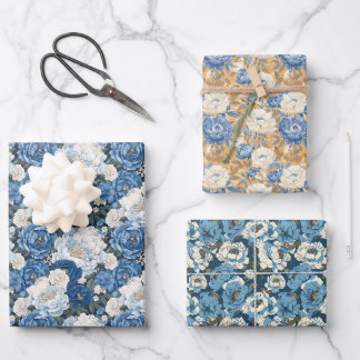 Floral Pattern with Blue Peonies and White Flowers Inpakpapier Vel