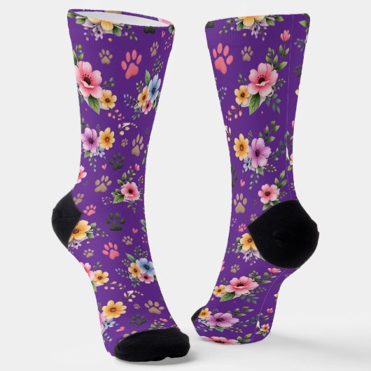 Floral & Paw Print Pattern Socks – Cute Pastel Pet Sokken (Gebogen)