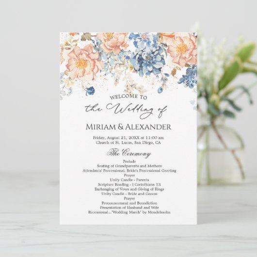 Floral Peach Blush Blue bruiloft programma (Staand voorkant)