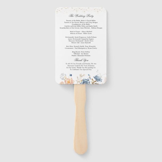 Floral Peach Blush Blue bruiloft programma Handwaaier (Achterkant)